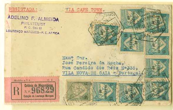20Lis_186.jpg -     Lote:     186             Descrição:     1933/38 - Lusíadas + Lusíadas com sobretaxa. Sobrescrito circulado registado de L. Marques (21.11.39) para Vila Nova de Gaia (08.12.39) com selo de 20 ctvs CE274 e nove selos de 40 s/ 45 ctvs CE307.         Carta        Valor Base:     &euro; 15,00     Valor Venda:     &euro;      