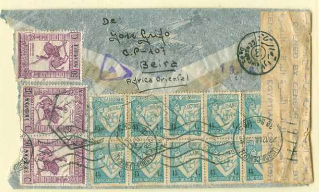 20Lis_187.jpg -     Lote:     187             Descrição:     1933/38 - Lusíadas e Império Colonial Português. Sobrescrito circulado por via aérea da Beira (24.11.44) para Lisboa (23.12.44) via Egipto onde foi censurada, com bloco 10 selos de 45 ctvs azul claro CE277 e 3 selos de $50 castanho vermelho CE278.         Carta        Valor Base:     &euro; 10,00     Valor Venda:     &euro;      