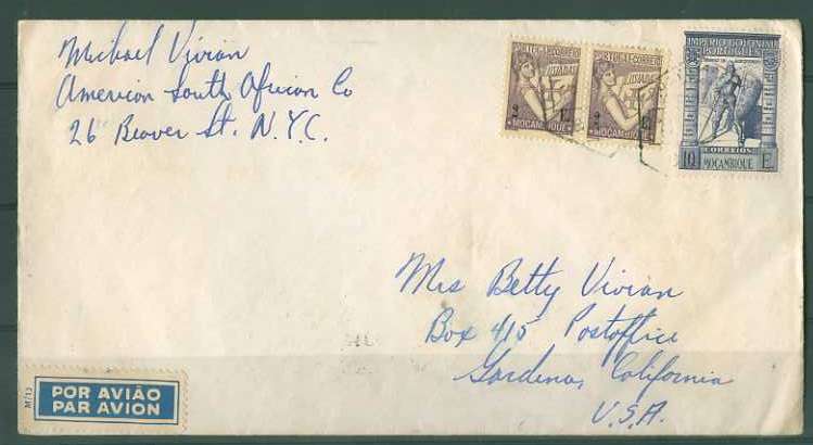 20Lis_188.jpg -     Lote:     188             Descrição:     1933/38 - Lusíadas e Império Colonial Português. Sobrescrito circulado por via aérea de Moçambique (16.08.46) para os EUA com trânsito por Lisboa (21.08.46) com 2 selos Lusíadas de 2$00 CE285 e selo de 10$00 Império Colonial Português, CE305.         Carta        Valor Base:     &euro; 3,00     Valor Venda:     &euro;      