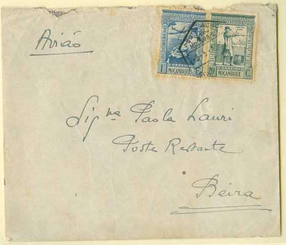20Lis_189.jpg -     Lote:     189             Descrição:     1938 - Império Colonial Português. Sobrescrito circulado internamente por via aérea em Moçambique de Lourenço Marques (06.05.43) para a Posta Restante da Beira (07.05.43). Pagou de porte aéreo 1$20 (selos de 20 ctvs (CE293) e 1$00 CE CA4) e do serviço da Posta Restante $50 (selo de $50 no versos) obliterado com o carimbo circular da Posta Restante da Beira. Exemplar interessante.         Carta        Valor Base:     &euro; 30,00     Valor Venda:     &euro;      