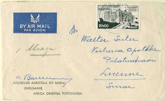 20Lis_190.jpg -     Lote:     190             Descrição:     1944 - 4.º Centenário de Lourenço Marques. Sobrescrito circulado por via aérea de Quelimane para a Suiça com selo de 20$00 CE315.         Carta        Valor Base:     &euro; 15,00     Valor Venda:     &euro;      