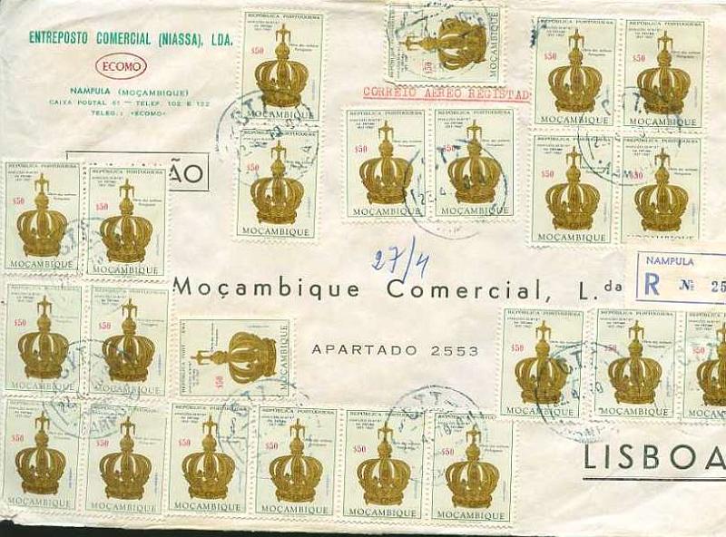 20Lis_191.jpg -     Lote:     191             Descrição:     1967 - Cinquentenário das Aparições de Nossa Senhora de Fátima. CE504, $50. Sobrescrito circulado registado de Nampula (22.04.70) para Lisboa (27.04.50) com 53 selos.         Carta        Valor Base:     &euro; 10,00     Valor Venda:     &euro;      