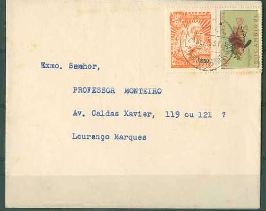 20Lis_193.jpg -     Lote:     193             Descrição:     1952/56 - Imposto Postal. Assistência Pública + Peixes de Moçambique. Sobrescrito circulado em Lourenço Marques (21.12.53) com selo de $20 CE359 e de imposto postal de $50 laranja CE IP54.         Carta        Valor Base:     &euro; 5,00     Valor Venda:     &euro;      