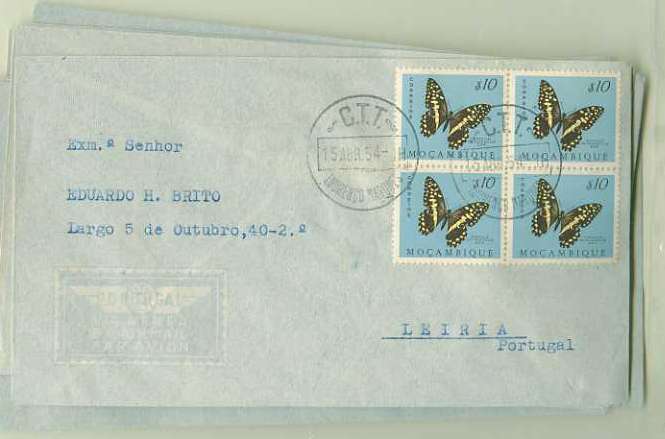 20Lis_196.jpg -     Lote:     196             Descrição:     1953 - Borboletas de Moçambique. CE388/401. Lote de 14 sobrescritos circulados de Lourenço Marques (15.04.54) para Leiria, cada um com uma quadra de todos os valores de #10 ao 4$00. Lote interessante.         Lote        Valor Base:     &euro; 10,00     Valor Venda:     &euro;      