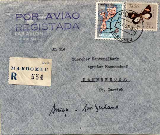 20Lis_197.jpg -     Lote:     197             Descrição:     1953/54 - Borboletas de Moçambique e Carta Geográfica de Moçambique. Sobrescrito circulado registado de Marromeu (09.04.60) para a Suiça (19.04.60), com trânsito por Lisboa (16.04.60) com selos de 7$50 Borboletas CE405 e selo de 4$00 Mapa de Moçambique CE417.         Carta        Valor Base:     &euro; 30,00     Valor Venda:     &euro;      