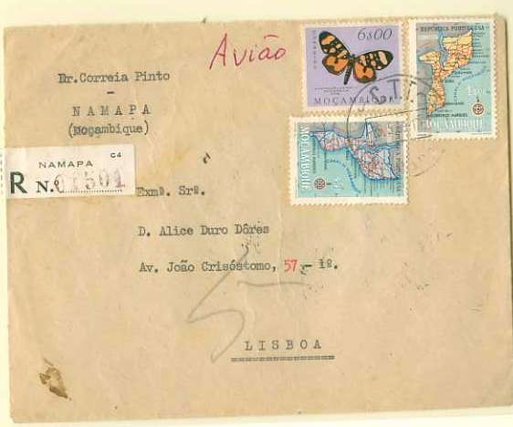 20Lis_198.jpg -     Lote:     198             Descrição:     1953/54 - Borboletas de Moçambique + Mapa de Moçambique. Sobrescrito circulado registado de Namapa (25.05.59) para Lisboa (01.06.59) com trânsito no Lumbo (28.05.59) com selos de 6$00 CE404 e selos de $50 e 1$00 CE414/5. MB.         Carta        Valor Base:     &euro; 10,00     Valor Venda:     &euro;      
