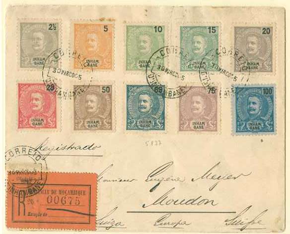 20Lis_200.jpg -     Lote:     200             Descrição:     1903 - D. Carlos I Mouchon. Sobrescrito circulado registado de Inhambane (30.03.05) para a Suiça (01.05.05), com trânsito pela Beira (01.04.05) "carimbo hexagonal batido a azul" e Londres (29.04.05) com selos de 2.5, 5, 10, 15, 20, 25, 50, 65, 75 e 100 reis. CE15/24. MB e R.         Carta        Valor Base:     &euro; 120,00     Valor Venda:     &euro;      
