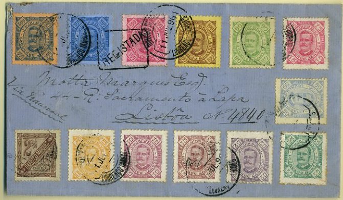 20Lis_201.jpg -     Lote:     201             Descrição:     1893/95 - D. Carlos I Diogo Neto. Sobrescrito circulado registado de Lourenço Marques (11.07.96) para Lisboa (03.08.96) com a série completa CE 1/13. Raro carimbo de registo batido a preto.         Carta        Valor Base:     &euro; 300,00     Valor Venda:     &euro;      