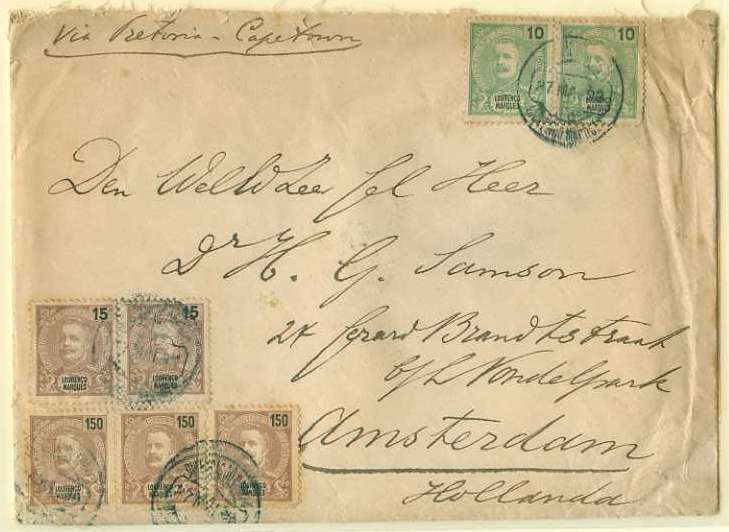 20Lis_202.jpg -     Lote:     202             Descrição:     1898/1900 - D. Carlos I Mouchon. Sobrescrito circulado de Lourenço Marques (27.05.1898) para a Holanda (17.06.1898) Via Cape Town, com selos de 10 reis (2), 15 reis (2) e 150 reis (3), perfazendo o porte de 500 reis (décimo porte para o estrangeiro) correspondente a uma carta com o peso até 150 grs. MB e R.         Carta        Valor Base:     &euro; 100,00     Valor Venda:     &euro;      