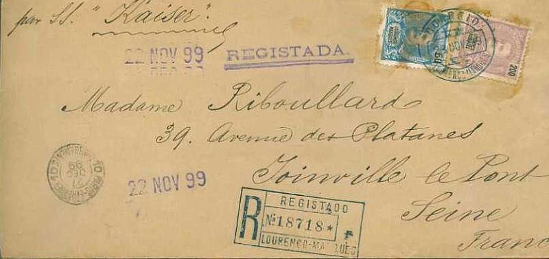 20Lis_203.jpg -     Lote:     203             Descrição:     1898/901 - D. Carlos I Mouchon. Sobrescrito circulado registado de Lourenço Marques (23.11.99) para Paris (27.12.99) pelo SS Keiser, com selos de 50 e 200 reis. CE38 e 43. MB         Carta        Valor Base:     &euro; 90,00     Valor Venda:     &euro;      