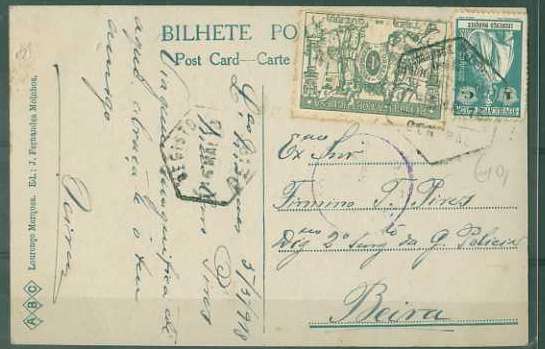 20Lis_207.jpg -     Lote:     207             Descrição:     1914 - Ceres + Taxa de Guerra. Postal ilustrado circulado de Lourenço Marques (07.05.18) para a Beira (16.05.18) com selo de 1 ctv verde CE119 e selo de Taxa de Guerra de 1 ctv verde CE IPT1.         PI        Valor Base:     &euro; 5,00     Valor Venda:     &euro;      
