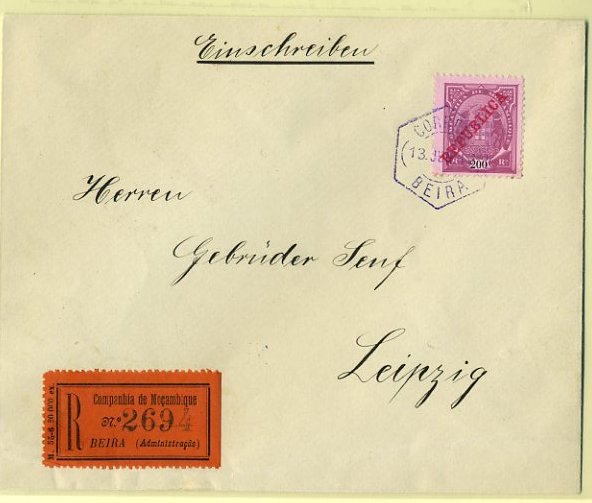20Lis_208.jpg -     Lote:     208             Descrição:     1907 - Tipo Elefante. Novas cores. CE58, 200 reis lilás s/ rosa, em sobrescrito circulado registado da Beira (13.06.12) para a Alemanha (07.07.12) com trânsito por Londres (06.07.12). MB e R.         Carta        Valor Base:     &euro; 145,00     Valor Venda:     &euro;      