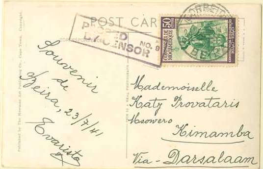 20Lis_209.jpg -     Lote:     209             Descrição:     1940 - 3.º Centenário da Restauração de Portugal. Postal ilustrado circulado da Beira (23.07.41) para Kimamba via Daressalam, com selo de 50 ctvs CE200. Censura inglesa.         PI        Valor Base:     &euro; 5,00     Valor Venda:     &euro;      