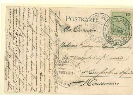 20Lis_212.jpg -     Lote:     212             Descrição:     1898/1901 - D. Carlos I Mouchon. Postal ilustrado circulado de S. Tomé (25.03.11) para Moçamedes (02.04.1911) com selo de 10 reis verde CE45. Interessante circulação inter-colónias.         PI        Valor Base:     &euro; 5,00     Valor Venda:     &euro;      
