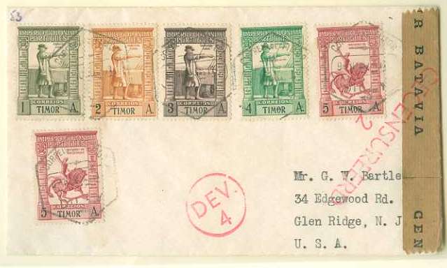 20Lis_216.jpg -     Lote:     216             Descrição:     1938 - Império Colonial Português. Sobrescrito circulado de Dilly (09.10.40) para os EUA. Censurada em Batavia, com cinta em papel kraft amarrada por carimbo do censor batido a violeta. MB e MR.         Carta        Valor Base:     &euro; 150,00     Valor Venda:     &euro;      