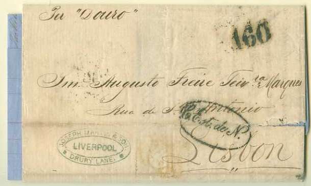 20Lis_37.jpg -     Lote:     37             Descrição:     Correio de Estrangeiro - Carta circulada de Liverpool (14.11.1867) para Lisboa (20.11.1867), porteada em 160 reis (batido a preto) e marca de denominação de origem "C. Est. de N." batida a preto. GM LSB CEst2.         Carta        Valor Base:     &euro; 10,00     Valor Venda:     &euro;      