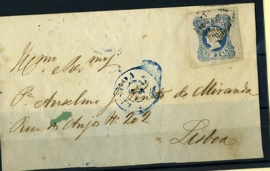 20Lis_39.jpg -     Lote:     39             Descrição:     1853 - D. Maria II. CE2, 25 reis azul em frente de carta circulada em Lisboa (05.09.53).         Carta        Valor Base:     &euro; 10,00     Valor Venda:     &euro;      
