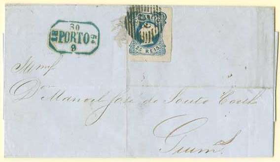 20Lis_41.jpg -     Lote:     41             Descrição:     1853 - D. Maria II - CE2, 25 reis azul, com três margens largas e uma curta, circulado em carta remetida do Porto (30.09.54) para Guimarães. Carimbo numérico 52 do Porto batido a preto e carimbo datado a verde. MB.         Carta        Valor Base:     &euro; 140,00     Valor Venda:     &euro;      