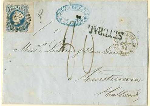 20Lis_42.jpg -     Lote:     42             Descrição:     1853 - D. Maria II. CE2, 25 reis azul. Carta circulada de Setúbal (25.08.54) para a Holanda (05.09.54) com trânsito por Lisboa (25.08.54) e Paris (02.09.54). Pagou 25 reis em selo pelo porte territorial. Selo com uma margem curta e três margens muito largas obliterado com carimbo numérico 42 e marca linear de SETÚBAL batida a preto. MB e R.         Carta        Valor Base:     &euro; 260,00     Valor Venda:     &euro;      