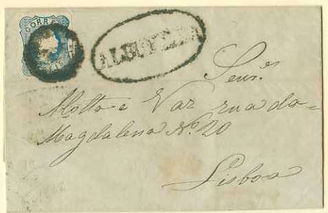 20Lis_44.jpg -     Lote:     44             Descrição:     1855/56 - D. Pedro V. Cabelos lisos. CE6, 25 reis cunho II, margens normais, circulado em carta remetida de Albufeira (19.03.66) para Lisboa (23.03.56). Carimbo nominativo de ALBUFEIRA batido a preto.         Carta        Valor Base:     &euro; 50,00     Valor Venda:     &euro;      