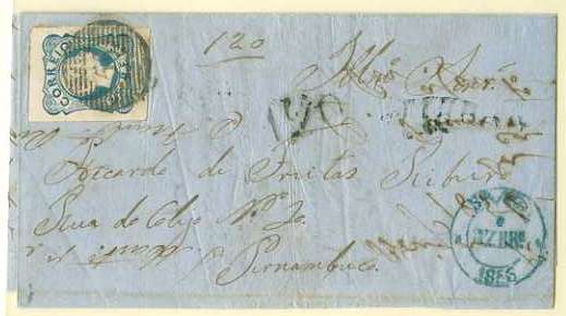 20Lis_45.jpg -     Lote:     45             Descrição:     1856/1858 - D. Pedro V. Cabelos anelados. CE12, 25 reis linhas duplas. Carta circulada de Braga (07.12.1856) para o Brasil, com trânsito por Lisboa (12.12.56), onde foi porteado com 120 reis batido a preto. Pagou o porte territorial por selo de 25 reis com margens largas. MB e R.         Carta        Valor Base:     &euro; 100,00     Valor Venda:     &euro;      
