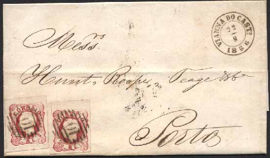 20Lis_47.jpg -     Lote:     47             Descrição:     1862/64 - D. Luís I. Carta circulada de Viana do Castelo (22.08.66) para o Porto (23.08.66) com dois selos de 25 reis carmim, com boas margens, obliterados com carimbo numérico da 1.ª reforma 102.         Carta        Valor Base:     &euro; 50,00     Valor Venda:     &euro;      
