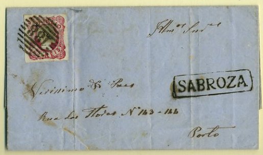 20Lis_48.jpg -     Lote:     48             Descrição:     1856/58 - D. Pedro V. Cabelos anelados. CE13, 25 reis carmim em carta circulada de Sabrosa (08.02.1859) para o Porto (12.09.59). Carimbo numérico da 1.ª reforma 188 e carimbo nominativo de SABROZA. MB e MR.         Carta        Valor Base:     &euro; 150,00     Valor Venda:     &euro;      