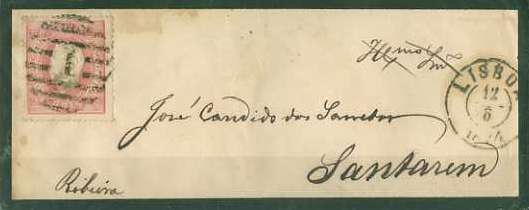 20Lis_51.jpg -     Lote:     51             Descrição:     1870/76 - D. Luís I, fita direita. Sobrescrito circulado de Lisboa (12.06.1874) para Santarém (13.06.1874) com selo de 25 reis carmim, papel liso, denteado 14.         Carta        Valor Base:     &euro; 25,00     Valor Venda:     &euro;      