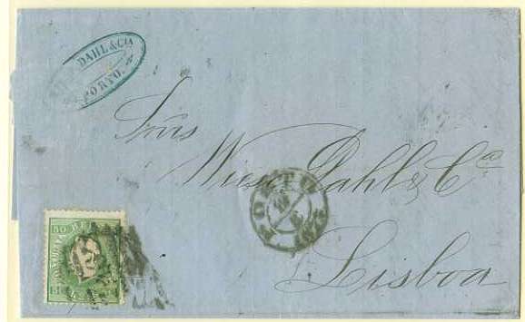 20Lis_52.jpg -     Lote:     52             Descrição:     1870/76 - D. Luís I, fita direita. CE41, 50 reis verde-claro papel liso, denteado 12.5, em carta circulada do Porto (08.10.1873) para Lisboa (09.10.1873). Selo cortado a tesoura.         Carta        Valor Base:     &euro; 50,00     Valor Venda:     &euro;      