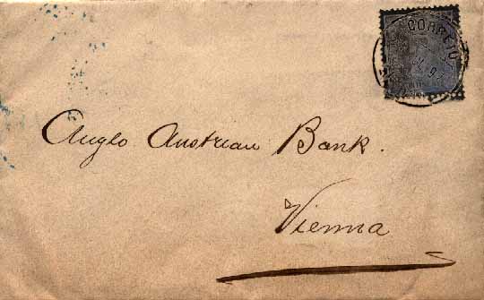 20Lis_54.jpg -     Lote:     54             Descrição:     1892/93 - D. Carlos I Diogo Neto. Sobrescrito circulado de Lisboa (09.07.92) para Viena com selo de 50 reis azul cinzento, denteado 12.5 papel porcelana CE71.         Carta        Valor Base:     &euro; 30,00     Valor Venda:     &euro;      