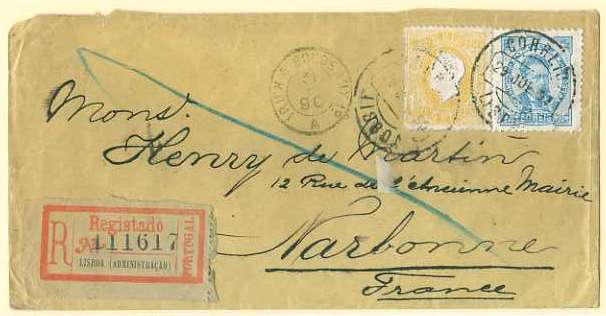 20Lis_57.jpg -     Lote:     57             Descrição:     1879/83 - D. Luís I, fita direita e D. Luís I de frente. Sobrescrito circulado registado de Lisboa (29.07.90) para França (31.07.90) com selo de 150 reis amarelo, denteado 12.5, papel porcelana CE51 e 50 reis azul, denteado 11.5, papel porcelana CE58. MB.         Carta        Valor Base:     &euro; 240,00     Valor Venda:     &euro;      