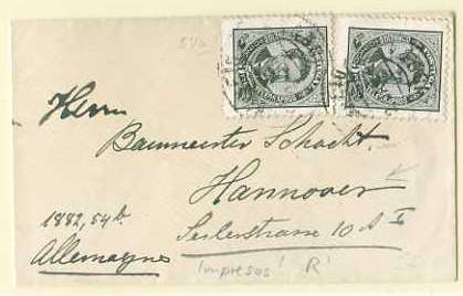 20Lis_58.jpg -     Lote:     58             Descrição:     1884/87 - D. Luís I de frente. Novos valores. Sobrescrito de pequenas dimensões (cartões de visita) circulado de Lisboa (02.01.1891) para a Alemanha (05.01.1891) com dois selos de 5 reis preto, papel porcelana, denteado 11.5, CE60. Interessante porte de impressos para o estrangeiro.         Carta        Valor Base:     &euro; 55,00     Valor Venda:     &euro;      