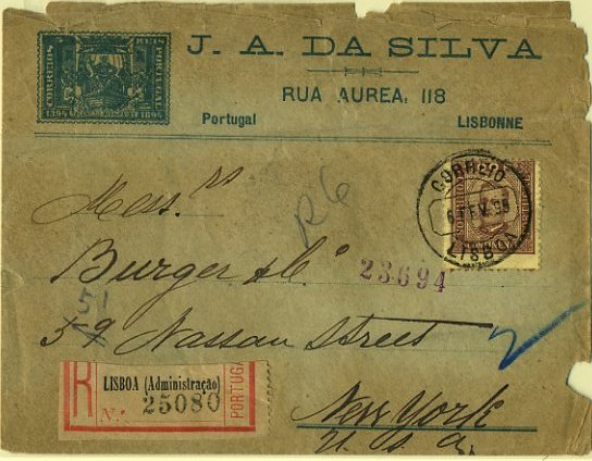 20Lis_62.jpg -     Lote:     62             Descrição:     1892/93 - D. Carlos I Diogo Neto. Sobrescrito circulado registado de Lisboa (06.02.95) para os EUA (19.02.95) com selo de 100 reis castanho s/ amarelo, denteado 11.5, papel porcelana, com o denteado deslocado. Carta publicitária do comerciante filatélico J. A. da Silva.         Carta        Valor Base:     &euro; 30,00     Valor Venda:     &euro;      