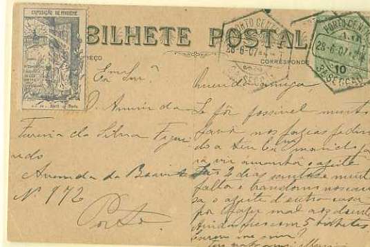 20Lis_65.jpg -     Lote:     65             Descrição:     1895/96 - D. Carlos I Mouchon. Postal ilustrado circulado no Porto (28.06.07) com selo de 10 reis verde CE128 e vinheta da Exposição de Hygiene e do IV Congresso Nacional da Luta contra a Tuberculose, realizada no Porto de 4 a 20 de Abril. MB         PI        Valor Base:     &euro; 20,00     Valor Venda:     &euro;      