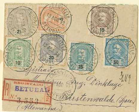 20Lis_70.jpg -     Lote:     70             Descrição:     1895/96 - D. Carlos I Mouchon. Sobrescrito circulado registado de Setúbal (13.08.96) para a Alemanha (17.08.96) com selos de 2.5, 5, 10, 15, 20, 25 e 50 reis CE126/132.         Carta        Valor Base:     &euro; 50,00     Valor Venda:     &euro;      