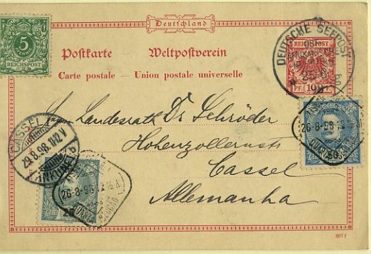 20Lis_71.jpg -     Lote:     71             Descrição:     1895/98 - D. Carlos I Mouchon. Inteiro alemão de 10 pf com selo adicional de 5 pf, lançado a bordo de paquete alemão em 25.06.98 para a Alemanha (29.08.98) Levou o porte territorial português em selos de 25 reis e 50 reis CE132 e 141.         IC        Valor Base:     &euro; 50,00     Valor Venda:     &euro;      