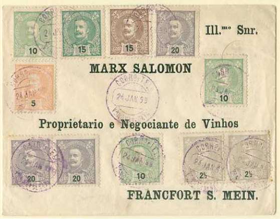 20Lis_72.jpg -     Lote:     72             Descrição:     1895/1905 - D. Carlos I Mouchon. Sobrescrito circulado de Vila Nova de Gaia (24.01.1899) para Alemanha (27.01.99) com selos de 2.5 (2), 5, 10 (3), 15 (verde), 15 (castanho) e 20 reis (3), CE126, 127, 128, 129 e 140, perfazendo o porte de 130 reis. MB.         Carta        Valor Base:     &euro; 50,00     Valor Venda:     &euro;      