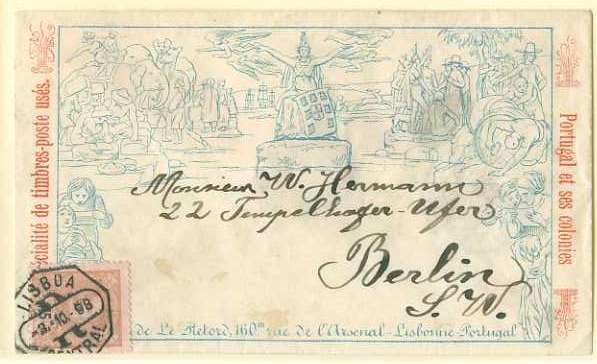 20Lis_75.jpg -     Lote:     75             Descrição:     1898 - D. Carlos I Mouchon. Sobrescrito ilustrado de autoria do comerciante filatélico E. de Le Retord, com sede na Rua do Arsenal 160 em Lisboa, circulado registado de Lisboa (03.10.98) para Berlim (08.10.98) com selo de 115 reis (1.º porte e registo) laranja s/ salmão CE145. MB e R.         Carta        Valor Base:     &euro; 125,00     Valor Venda:     &euro;      