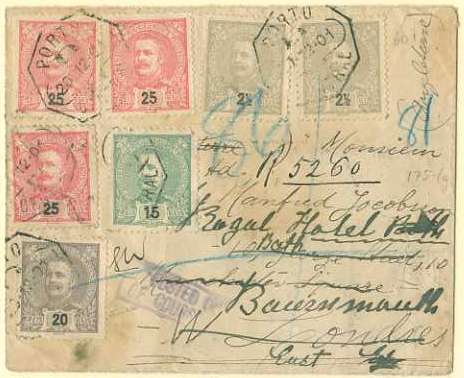 20Lis_76.jpg -     Lote:     76             Descrição:     1895/98 - D. Carlos I Mouchon. Sobrescrito circulado registado do Porto (20.12.01) para Londres (23.12.01) e reendereçado Bournmouth (25.12.01) com selos de 2.5 (2) 15, 20 e 25 (3) reis, perfazendo o porte de 115 reis (1.º porte + registo) CE126, 130, 140 e 141.         Carta        Valor Base:     &euro; 75,00     Valor Venda:     &euro;      