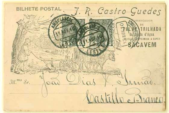 20Lis_77.jpg -     Lote:     77             Descrição:     1910 - D. Manuel II. Postal ilustrado circulado pela Ambulância Leste I (11.11.10) para Castelo Branco (12.11.10) com par de selos de 5 ctvs preto CE157. MB         PI        Valor Base:     &euro; 15,00     Valor Venda:     &euro;      