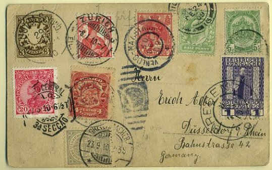 20Lis_80.jpg -     Lote:     80             Descrição:     1910 - D - Manuel II. World postcard, circulado por diversos países (Alemanha, Suiça, Holanda, Inglaterra, Bélgica, Áustria, Luxemburgo, Portugal, França, Rússia e México) com selo de 20 reis carmim obliterado com carimbo de Lisboa (13.06.1910). B e R.         PI        Valor Base:     &euro; 100,00     Valor Venda:     &euro;      