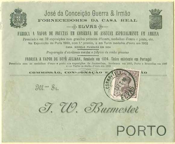 20Lis_81.jpg -     Lote:     81             Descrição:     1910 - D. Manuel II. Sobrescrito circulado de Elvas (01.09.10) para o Porto (02.09.10) com selo de 25 reis castanho CE161.         Carta        Valor Base:     &euro; 10,00     Valor Venda:     &euro;      