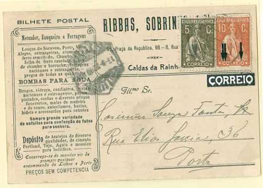 20Lis_88.jpg -     Lote:     88             Descrição:     1912/1920 - Ceres. Postal ilustrado circulado de Caldas da Rainha (10.09.23) para o Porto (13.09.23) com selo de 5 ctvs bistre CE227 e 10 ctvs tijolo CE215, com variedades de cliché.         PI        Valor Base:     &euro; 10,00     Valor Venda:     &euro;      