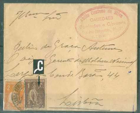 20Lis_89.jpg -     Lote:     89             Descrição:     1917/20 - Tipo Ceres. Sobrescrito circulado em Lisboa (20.10.21), com selo de 1 ctv castanho, papel amarelado pontinhado vertical, denteado 15x14, variedade de cliché XXXV, CE221 e selo de 2 ctvs laranja, papel liso, denteado 12x11.5, CE223. MB.         Carta        Valor Base:     &euro; 15,00     Valor Venda:     &euro;      