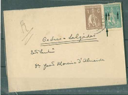 20Lis_93.jpg -     Lote:     93             Descrição:     1920/22 - Tipo Ceres. Sobrescrito circulado do Gerez para Pedras salgadas com selo de 24 ctvs verde azul, papel liso, denteado 12x11.5, variedade de cliché não catalogada CE241 e selo de 1 ctv castanho, papel liso, denteado 12x11.5. MB e R.         Carta        Valor Base:     &euro; 12,00     Valor Venda:     &euro;      