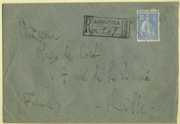20Lis_94.jpg -     Lote:     94             Descrição:     1920/22 - Ceres, novas taxas e cores. Sobrescrito circulado registado de Longra (20.07.23) para França, com trânsito por Lisboa (21.07.23) com selos de 60 ctvs azul (verso) e 90 ctvs ultramar, denteado 12x11.5. CE245, 247.         Carta        Valor Base:     &euro; 25,00     Valor Venda:     &euro;      