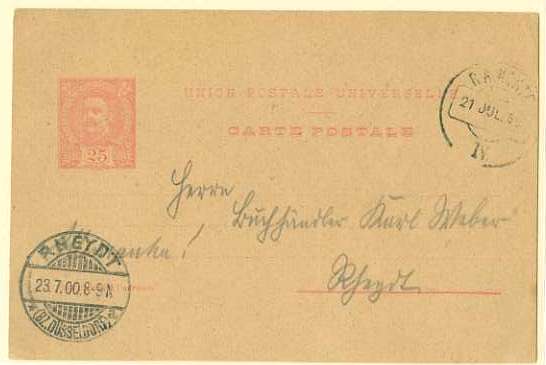 20Lis_232.jpg -     Lote:     232             Descrição:     1899 - D. Carlos I Mouchon. OM36, 25 reis carmim sobre cartolina camurça, circulado pela ambulância ferroviária R.A. NORTE IV (21.07.1900) para a Alemanha (23.07.00).         IC        Valor Base:     &euro; 5,00     Valor Venda:     &euro;      