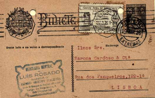 20Lis_245.jpg -     Lote:     245             Descrição:     1924/26 - Tipo Ceres. OM 74b, 25 ctvs preto sobre cartolina camurça, circulado de Estremoz (29.03.26) para Lisboa (31.03.26) com vinheta alusiva à GRANDE FEIRA DE ESTREMOZ (9/11 Maio de 1926). Furos de arquivo.         IC        Valor Base:     € 30,00     Valor Venda:     €      