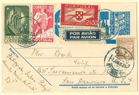 20Lis_250.jpg -     Lote:     250             Descrição:     1936/39 - Tudo pela Nação. OM83, $25 azul-cinzento claro, circulado por via aérea de Lisboa (02.06.41) para os EUA com selos adicionais CE522, 578, 593 e selo de correio aéreo tipo Hélice de 2$50 CE CA3. MB.         IC        Valor Base:     € 50,00     Valor Venda:     €      