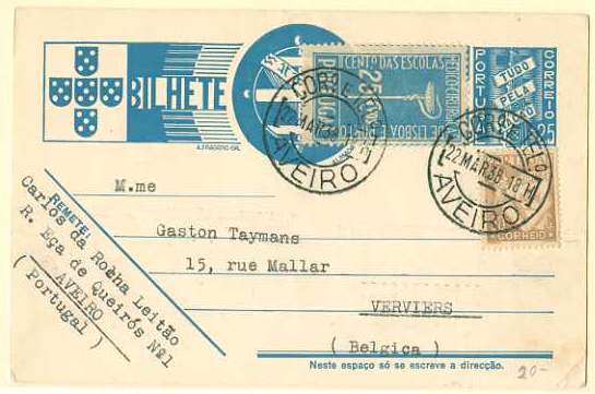 20Lis_254.jpg -     Lote:     254             Descrição:     1936/39 - Tudo pela Nação. OM83, $25 azul claro, circulado de Aveiro para a Bélgica com selos adicionais de $50 ctvs Lusíadas e 25 ctvs do ".º Centenário das Escolas Médico-Cirúrgicas de Lisboa.         IC        Valor Base:     &euro; 5,00     Valor Venda:     &euro;      